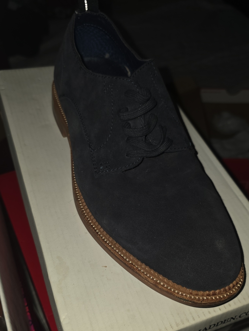 Steve Madden Navy Suede Derby with Tan Welt